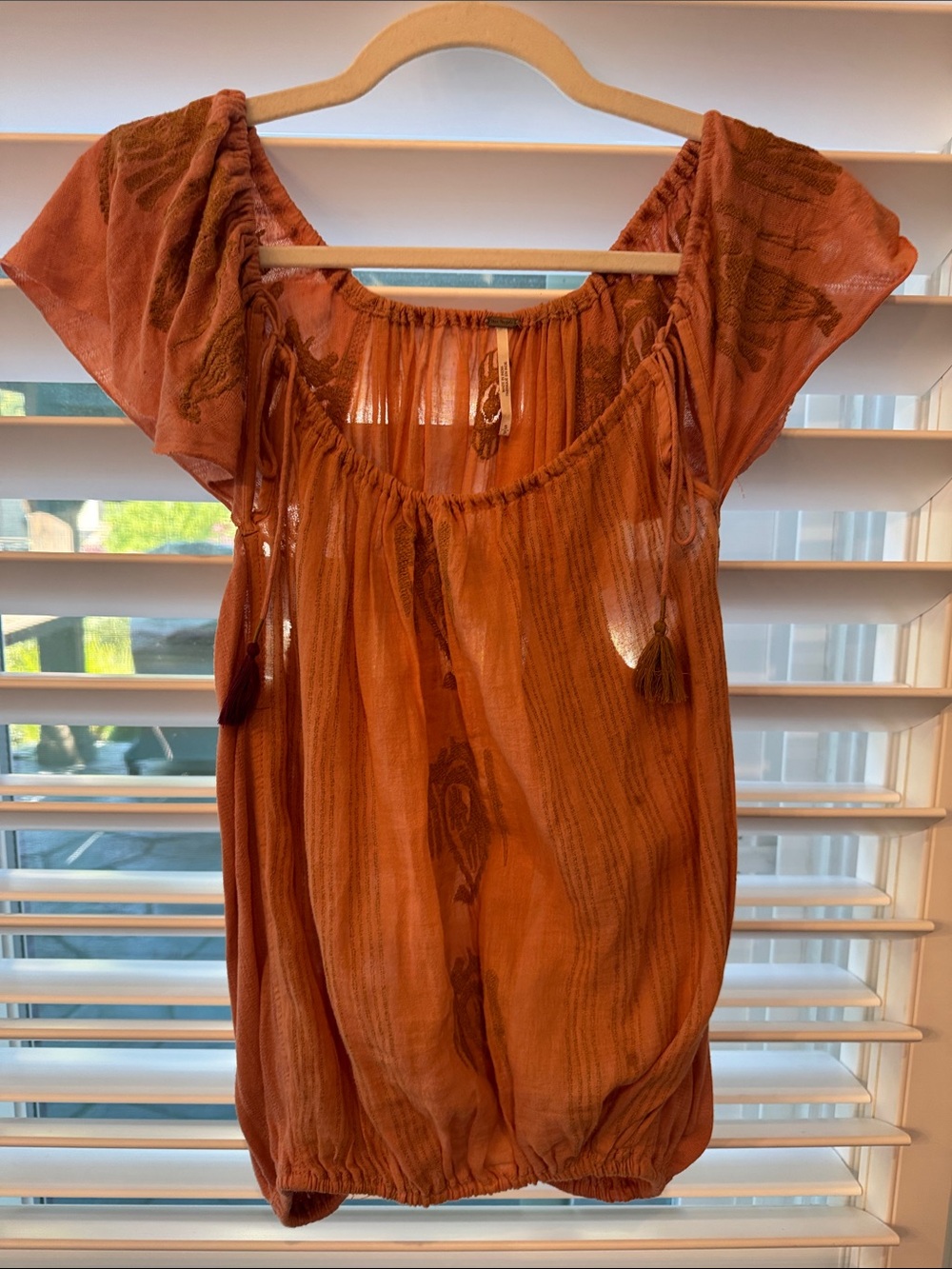 Free People Sheer Rust Orange Boho Peasant Top